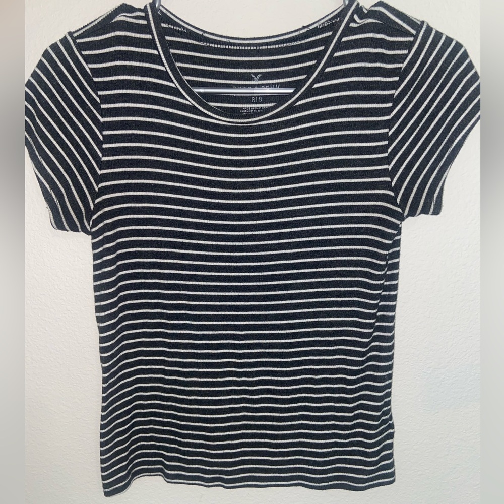 A&E Soft & Sexy Rib Short Sleeve Top- Dark Grey and White Stripped